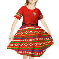 South Africa Wildlife Kid Short Sleeve Dress Tribal Pattern with National Flag and Safari Silhouettes