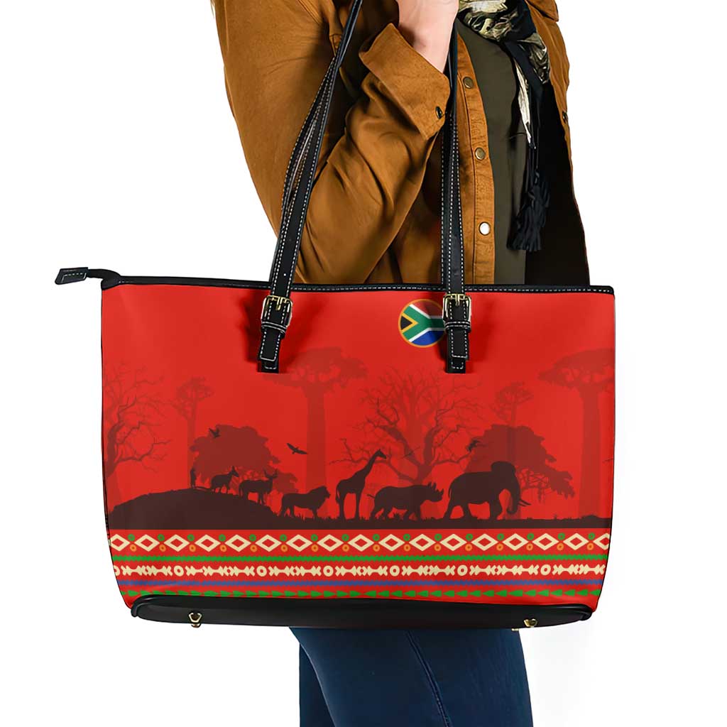 South Africa Wildlife Leather Tote Bag Tribal Pattern with National Flag and Safari Silhouettes