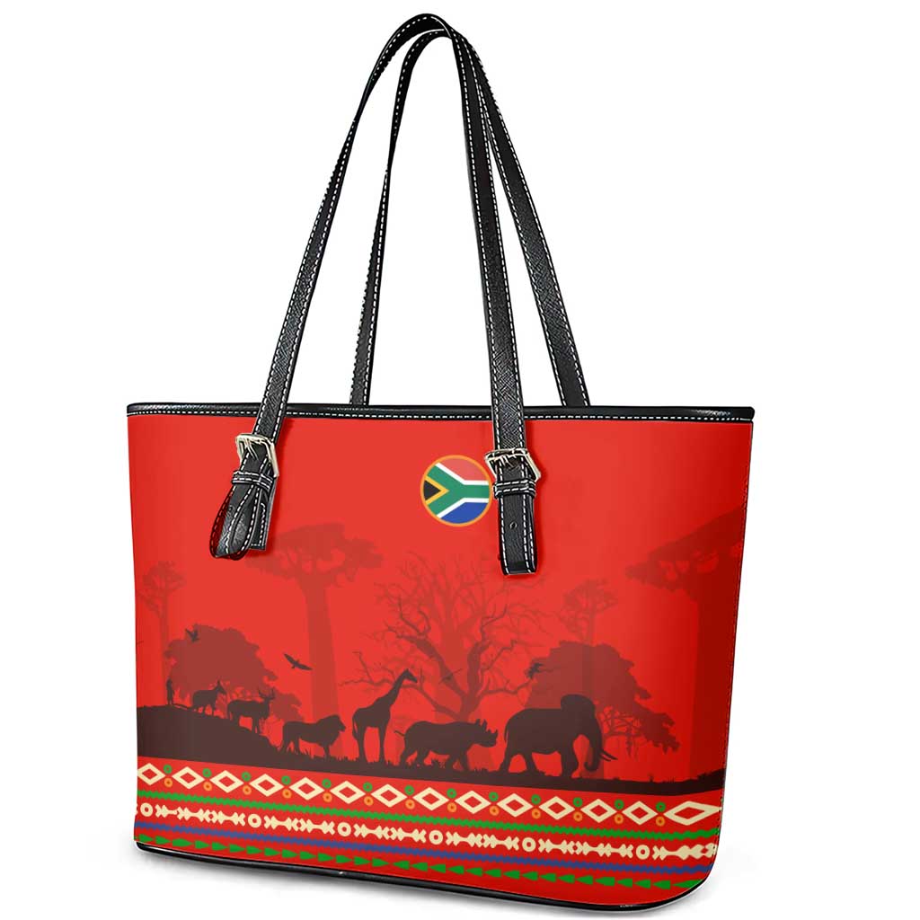 South Africa Wildlife Leather Tote Bag Tribal Pattern with National Flag and Safari Silhouettes