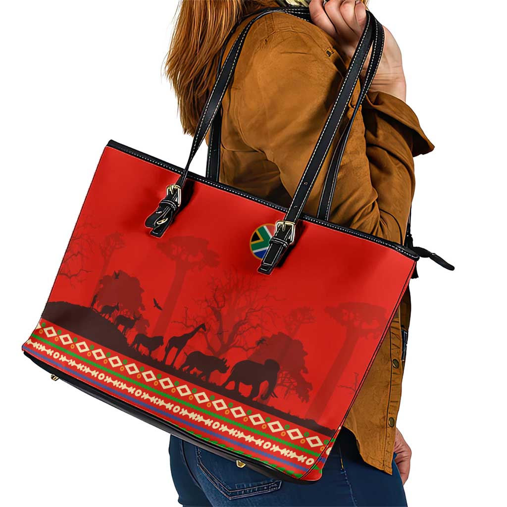 South Africa Wildlife Leather Tote Bag Tribal Pattern with National Flag and Safari Silhouettes