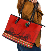 South Africa Wildlife Leather Tote Bag Tribal Pattern with National Flag and Safari Silhouettes