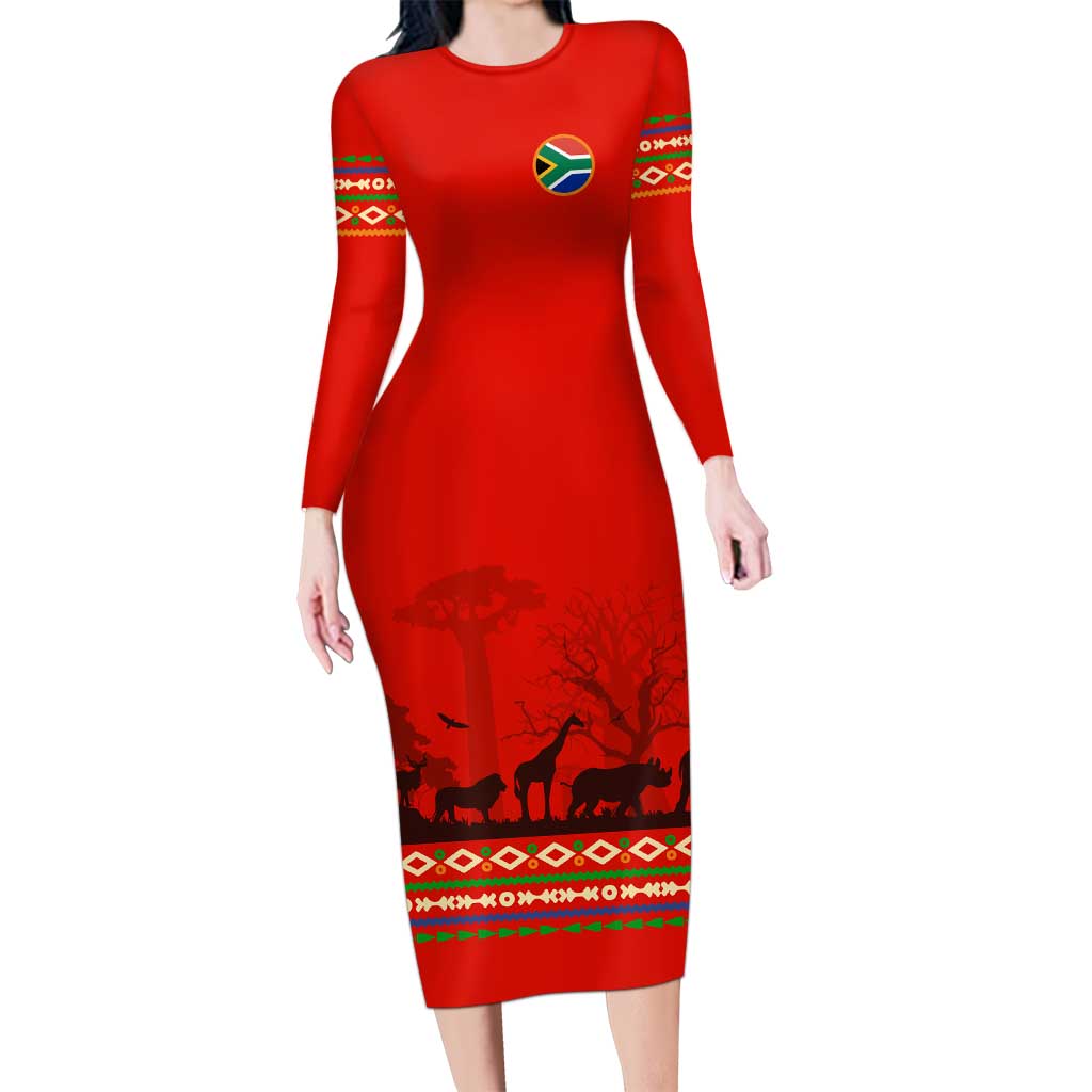 South Africa Wildlife Long Sleeve Bodycon Dress Tribal Pattern with National Flag and Safari Silhouettes