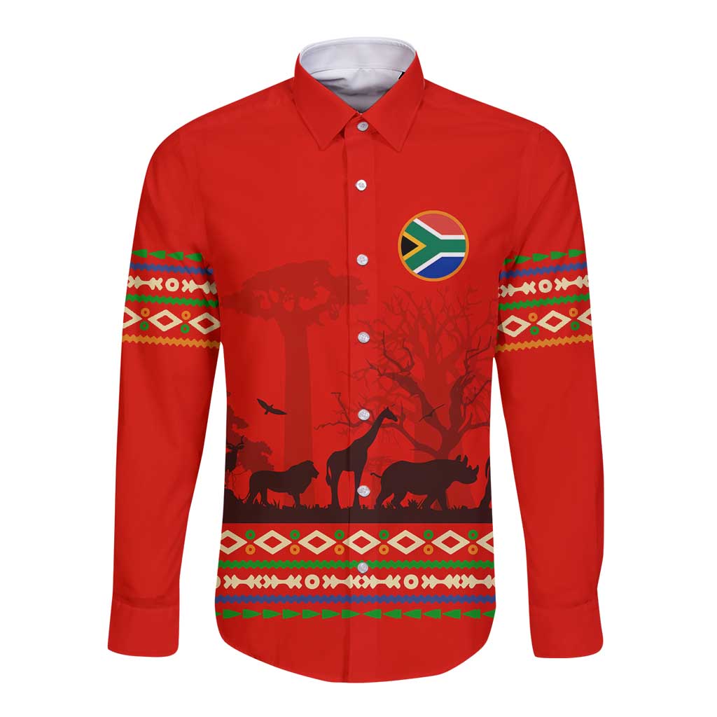 South Africa Wildlife Long Sleeve Button Shirt Tribal Pattern with National Flag and Safari Silhouettes