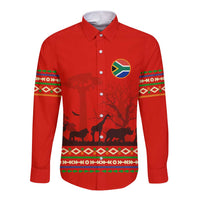 South Africa Wildlife Long Sleeve Button Shirt Tribal Pattern with National Flag and Safari Silhouettes