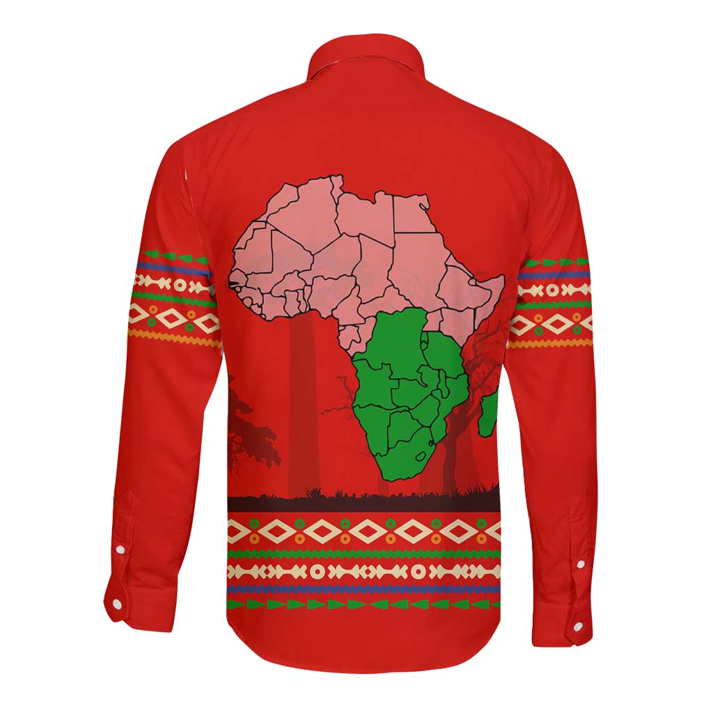 South Africa Wildlife Long Sleeve Button Shirt Tribal Pattern with National Flag and Safari Silhouettes