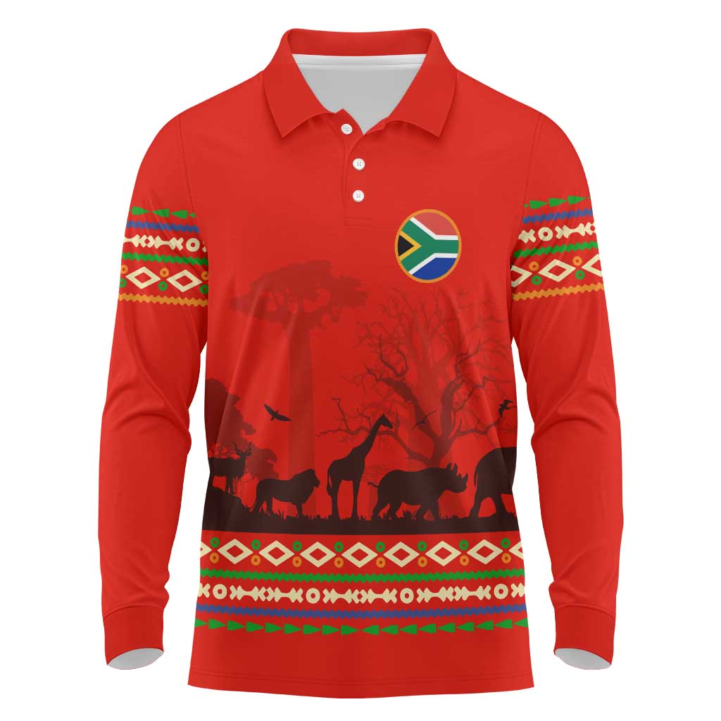 South Africa Wildlife Long Sleeve Polo Shirt Tribal Pattern with National Flag and Safari Silhouettes