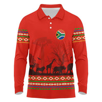 South Africa Wildlife Long Sleeve Polo Shirt Tribal Pattern with National Flag and Safari Silhouettes