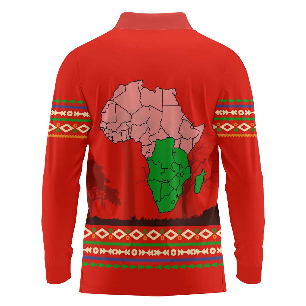 South Africa Wildlife Long Sleeve Polo Shirt Tribal Pattern with National Flag and Safari Silhouettes