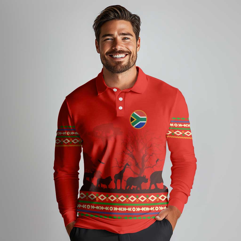South Africa Wildlife Long Sleeve Polo Shirt Tribal Pattern with National Flag and Safari Silhouettes