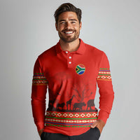 South Africa Wildlife Long Sleeve Polo Shirt Tribal Pattern with National Flag and Safari Silhouettes