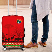 South Africa Wildlife Luggage Cover Tribal Pattern with National Flag and Safari Silhouettes