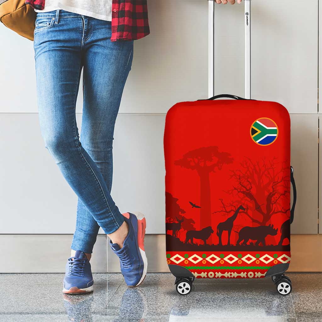 South Africa Wildlife Luggage Cover Tribal Pattern with National Flag and Safari Silhouettes