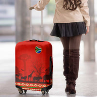 South Africa Wildlife Luggage Cover Tribal Pattern with National Flag and Safari Silhouettes