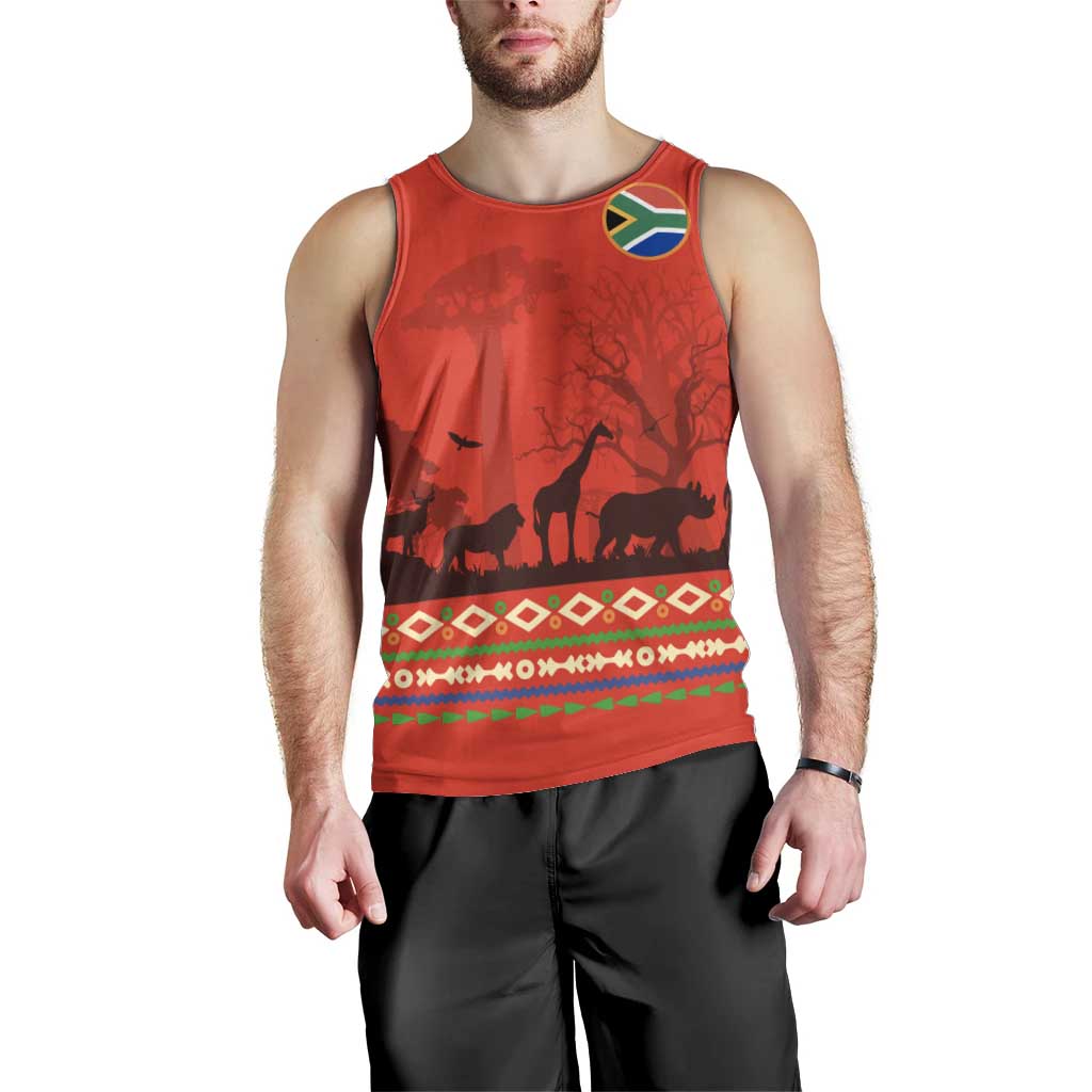 South Africa Wildlife Men Tank Top Tribal Pattern with National Flag and Safari Silhouettes