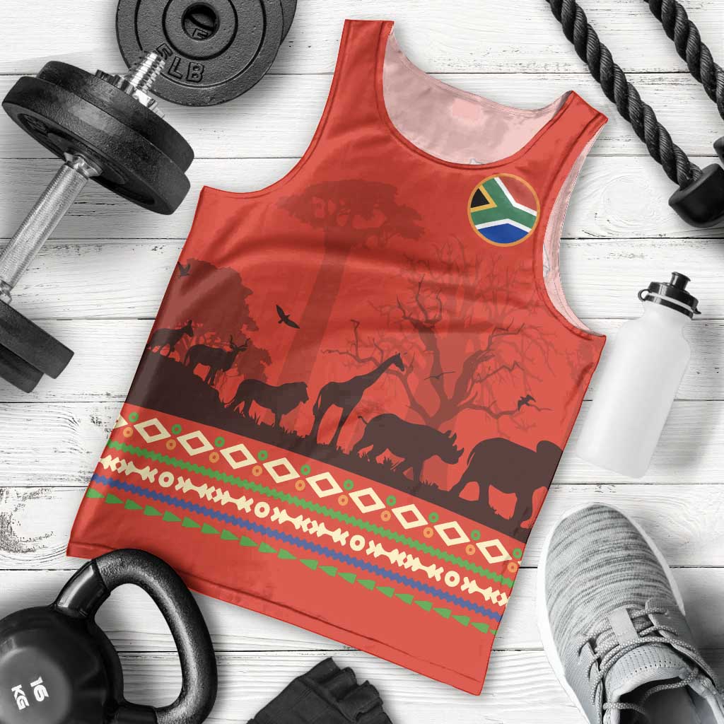 South Africa Wildlife Men Tank Top Tribal Pattern with National Flag and Safari Silhouettes