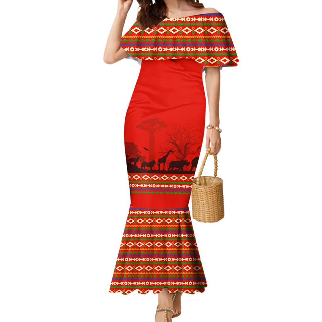 South Africa Wildlife Mermaid Dress Tribal Pattern with National Flag and Safari Silhouettes