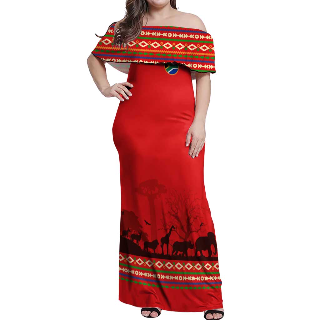 South Africa Wildlife Off Shoulder Maxi Dress Tribal Pattern with National Flag and Safari Silhouettes