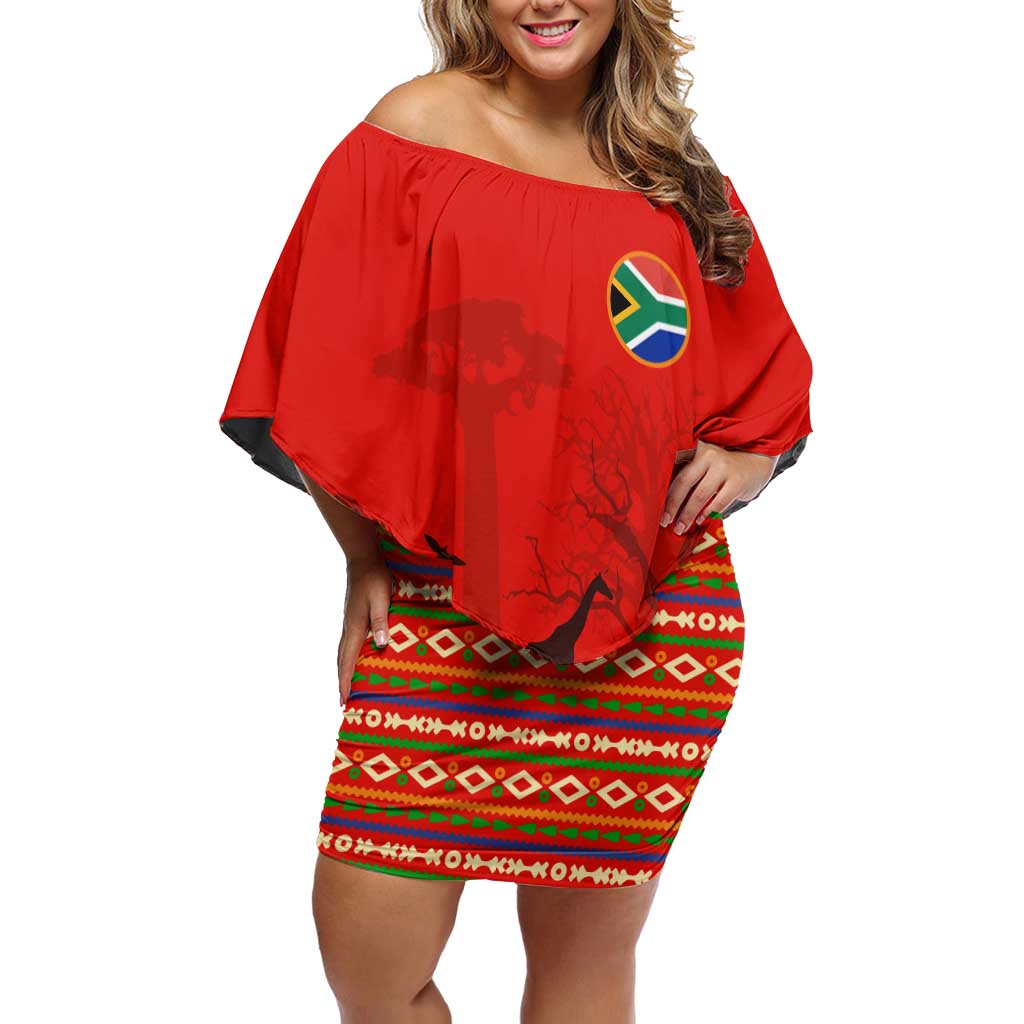 South Africa Wildlife Off Shoulder Short Dress Tribal Pattern with National Flag and Safari Silhouettes