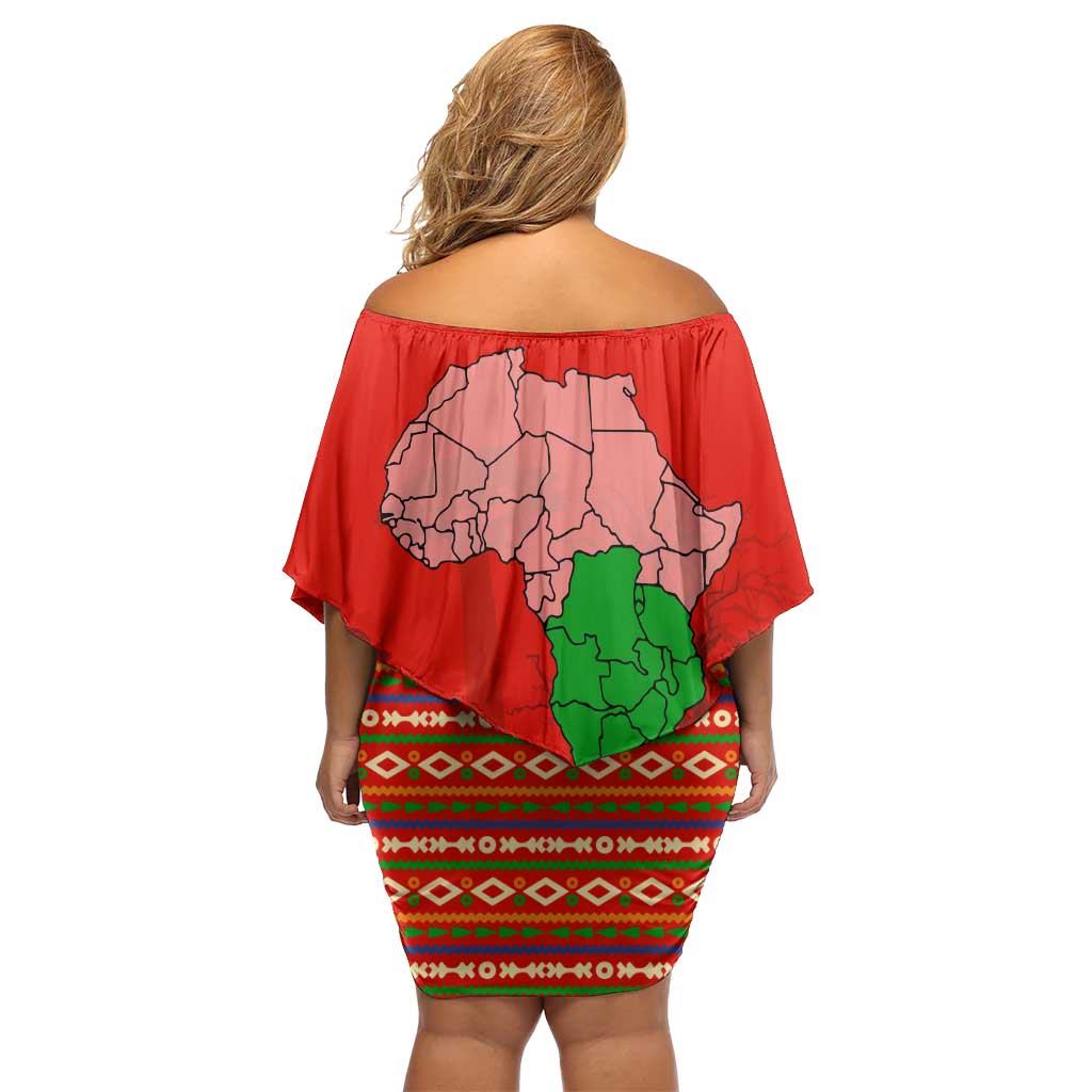 South Africa Wildlife Off Shoulder Short Dress Tribal Pattern with National Flag and Safari Silhouettes