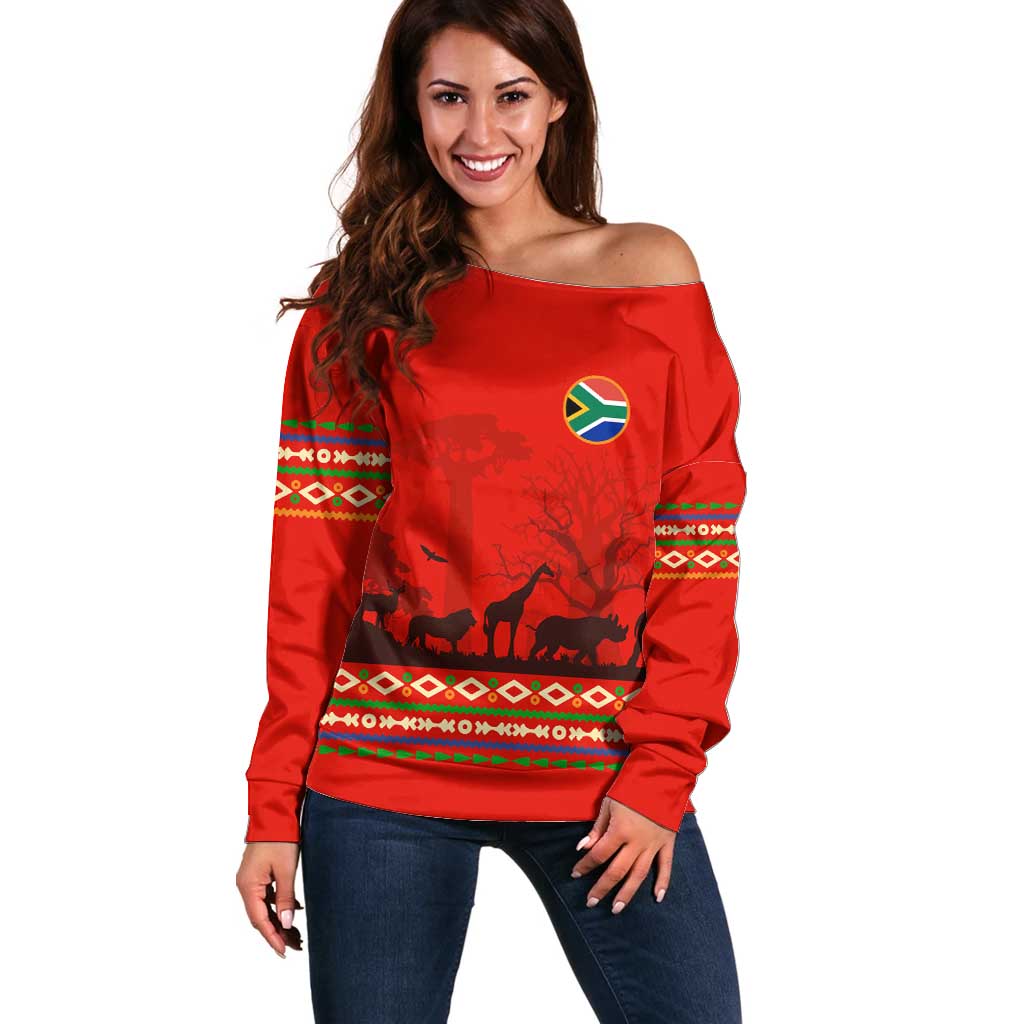 South Africa Wildlife Off Shoulder Sweater Tribal Pattern with National Flag and Safari Silhouettes
