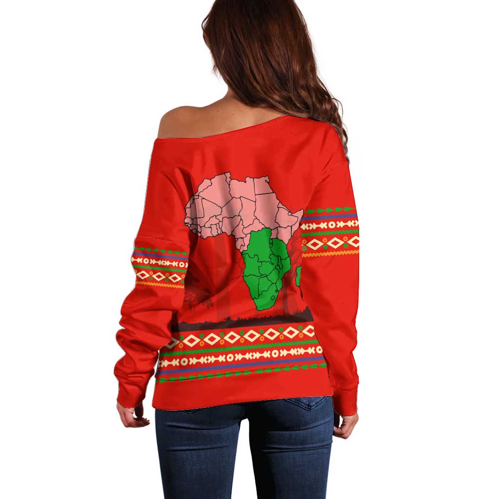 South Africa Wildlife Off Shoulder Sweater Tribal Pattern with National Flag and Safari Silhouettes
