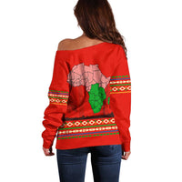 South Africa Wildlife Off Shoulder Sweater Tribal Pattern with National Flag and Safari Silhouettes
