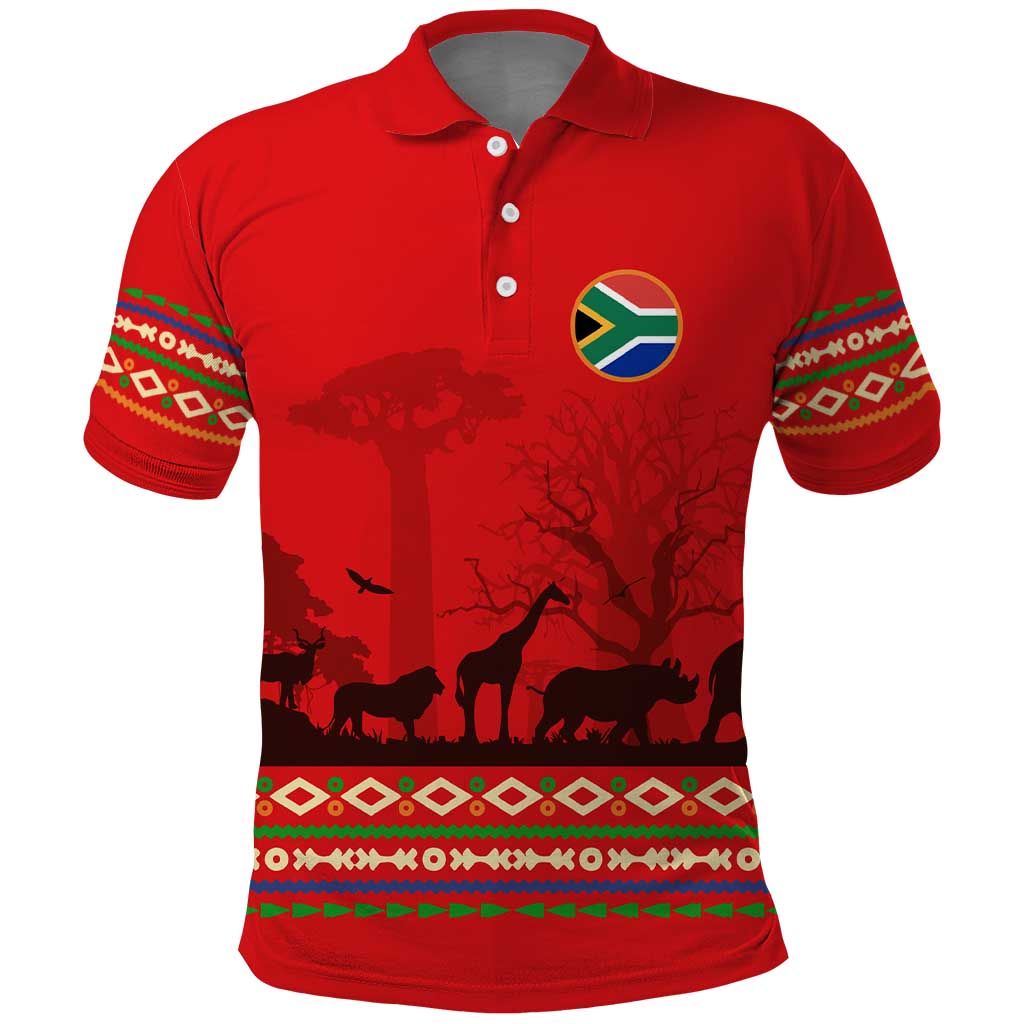 South Africa Wildlife Polo Shirt Tribal Pattern with National Flag and Safari Silhouettes