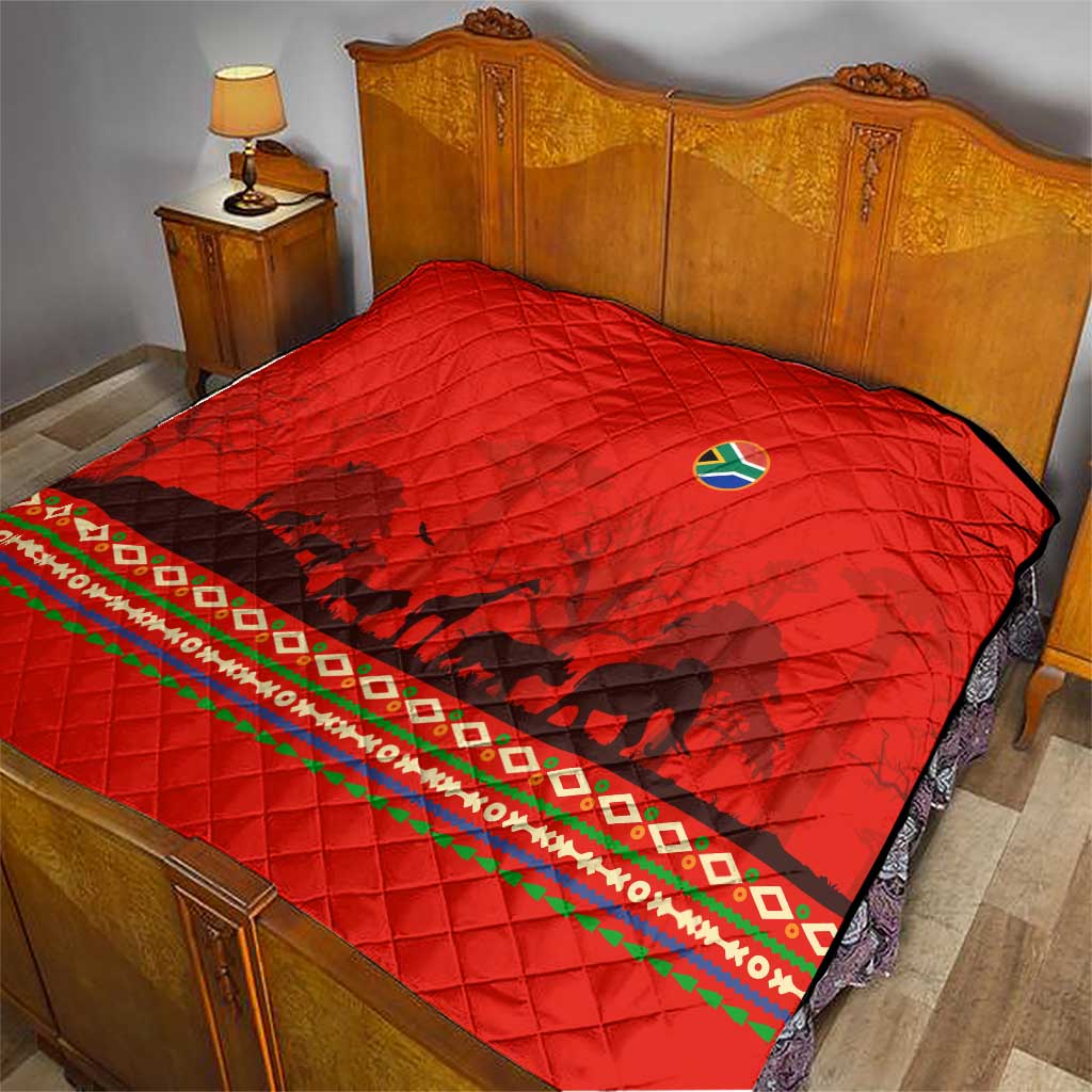 South Africa Wildlife Quilt Tribal Pattern with National Flag and Safari Silhouettes