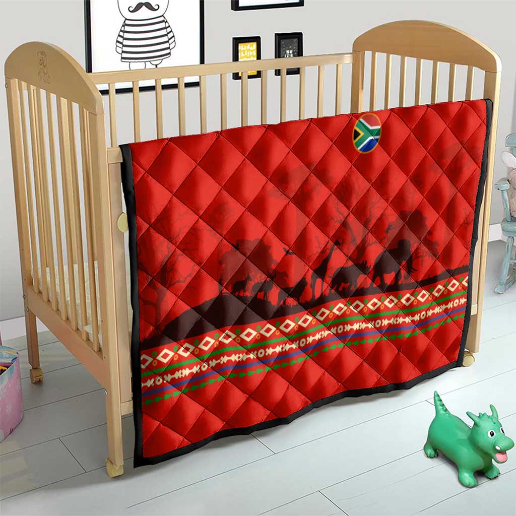 South Africa Wildlife Quilt Tribal Pattern with National Flag and Safari Silhouettes