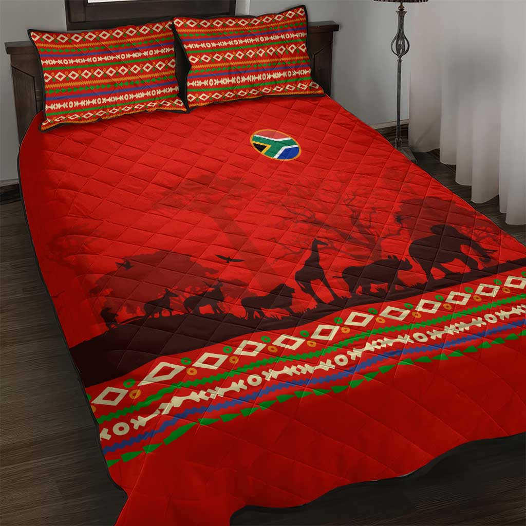 South Africa Wildlife Quilt Bed Set Tribal Pattern with National Flag and Safari Silhouettes