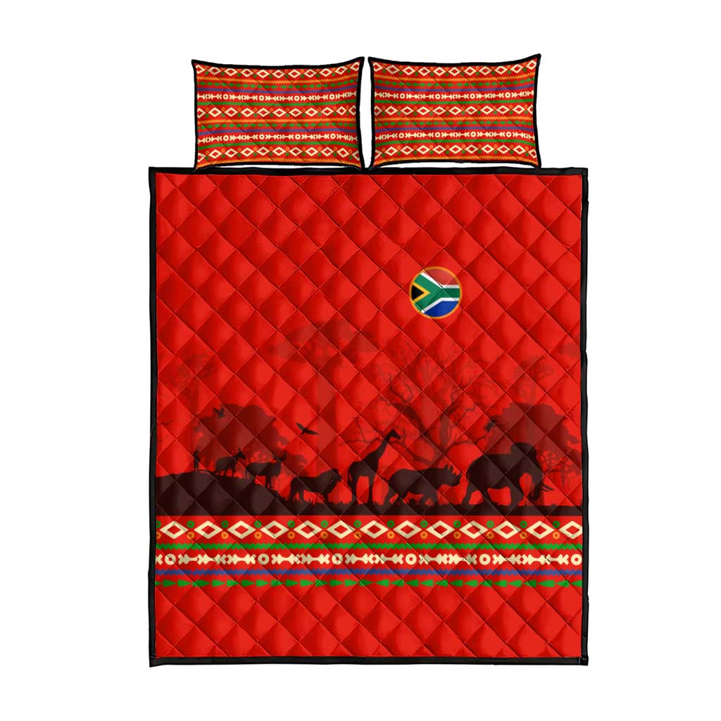 South Africa Wildlife Quilt Bed Set Tribal Pattern with National Flag and Safari Silhouettes