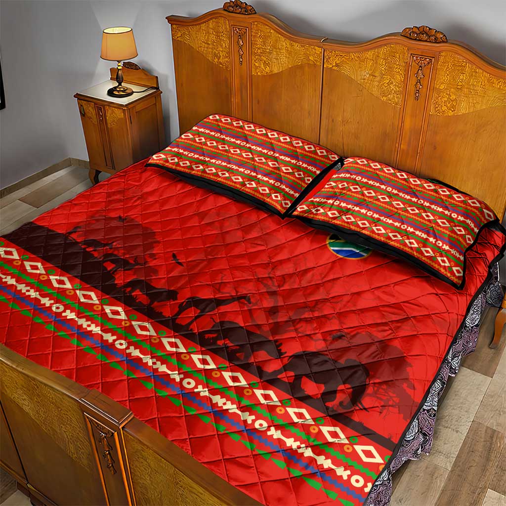 South Africa Wildlife Quilt Bed Set Tribal Pattern with National Flag and Safari Silhouettes