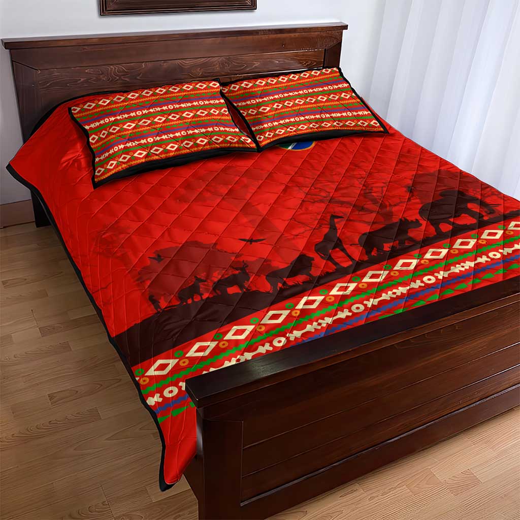 South Africa Wildlife Quilt Bed Set Tribal Pattern with National Flag and Safari Silhouettes