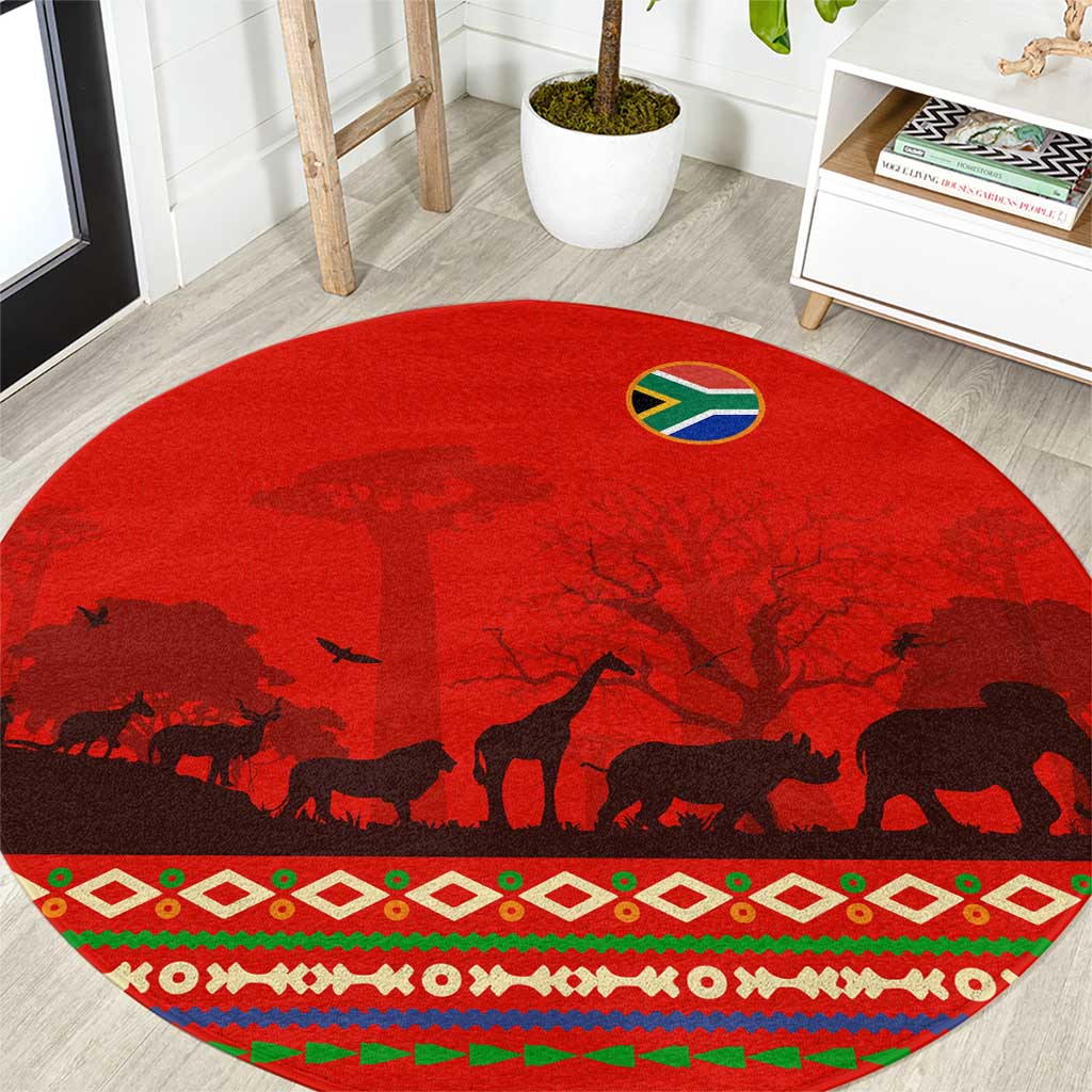 South Africa Wildlife Round Carpet Tribal Pattern with National Flag and Safari Silhouettes