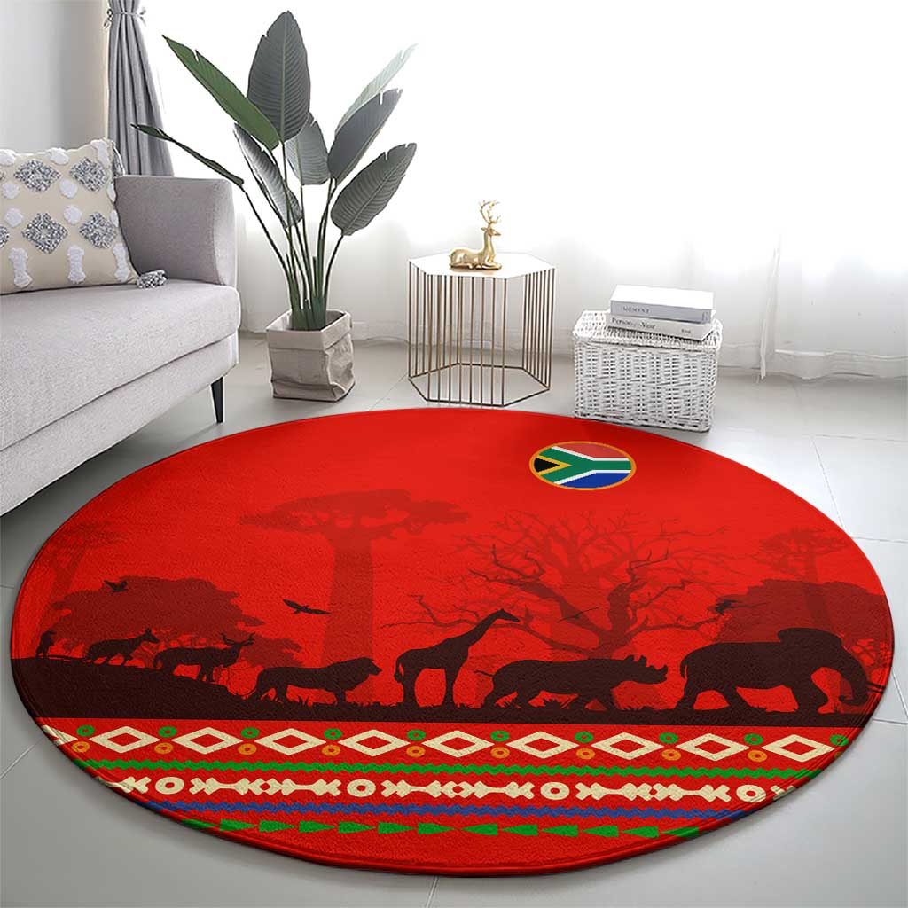 South Africa Wildlife Round Carpet Tribal Pattern with National Flag and Safari Silhouettes