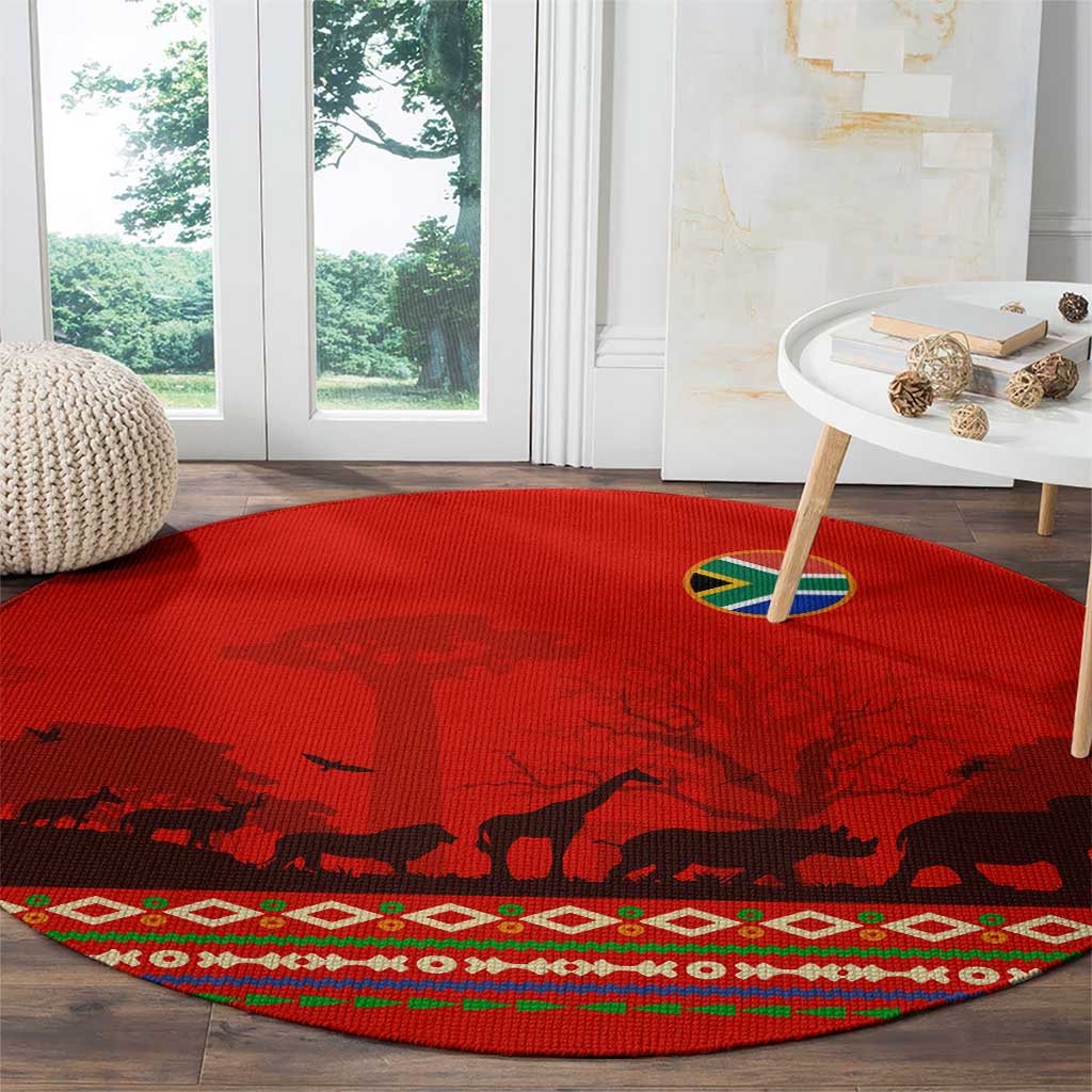 South Africa Wildlife Round Carpet Tribal Pattern with National Flag and Safari Silhouettes