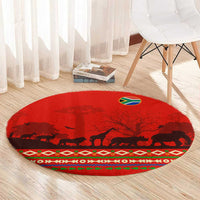 South Africa Wildlife Round Carpet Tribal Pattern with National Flag and Safari Silhouettes