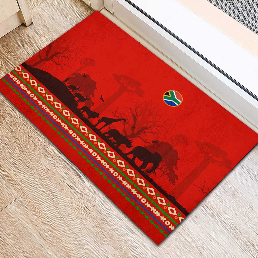 South Africa Wildlife Rubber Doormat Tribal Pattern with National Flag and Safari Silhouettes
