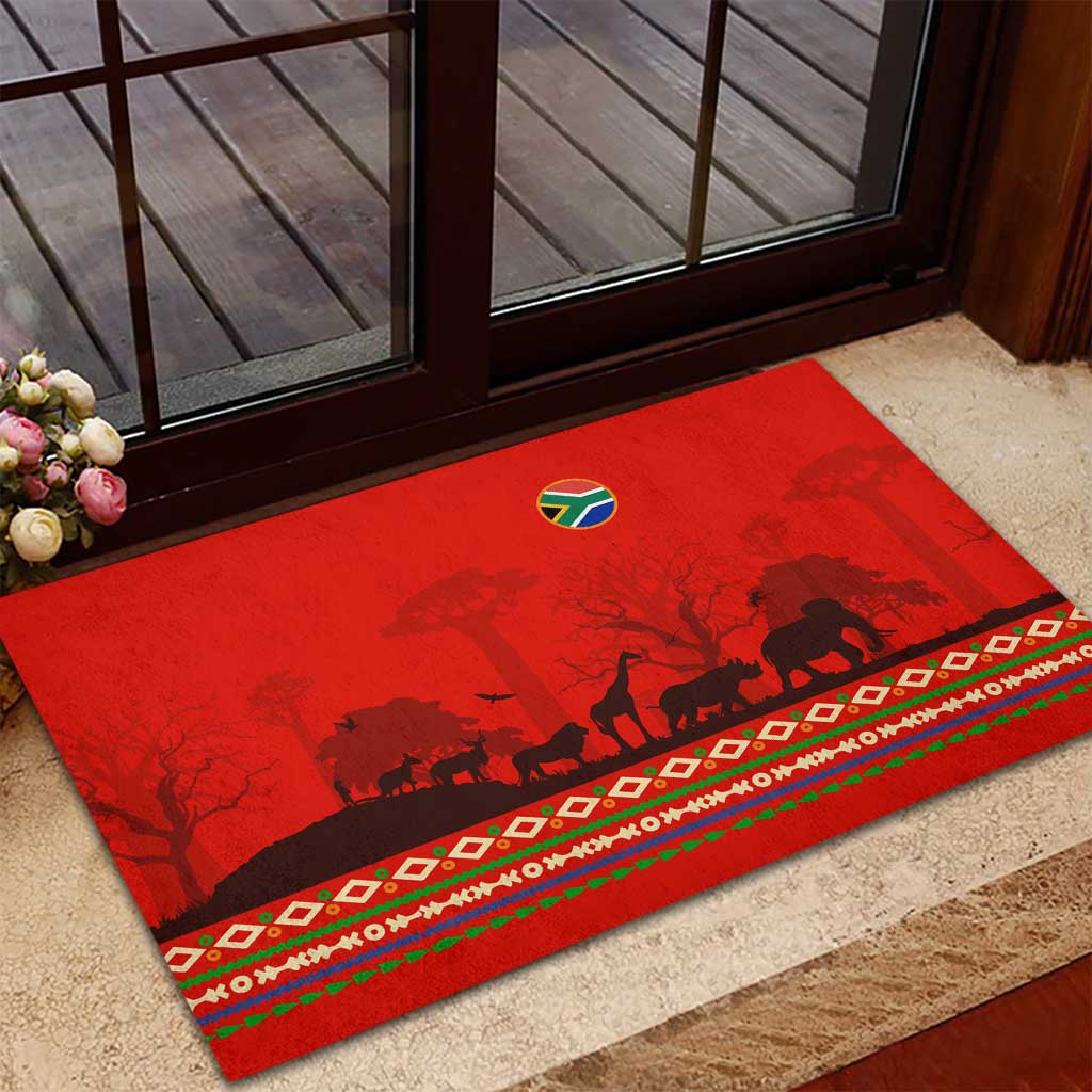 South Africa Wildlife Rubber Doormat Tribal Pattern with National Flag and Safari Silhouettes