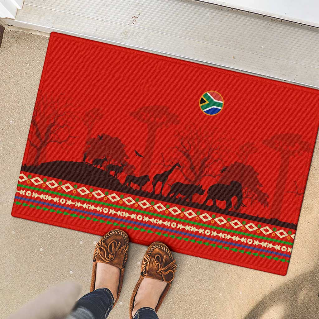 South Africa Wildlife Rubber Doormat Tribal Pattern with National Flag and Safari Silhouettes