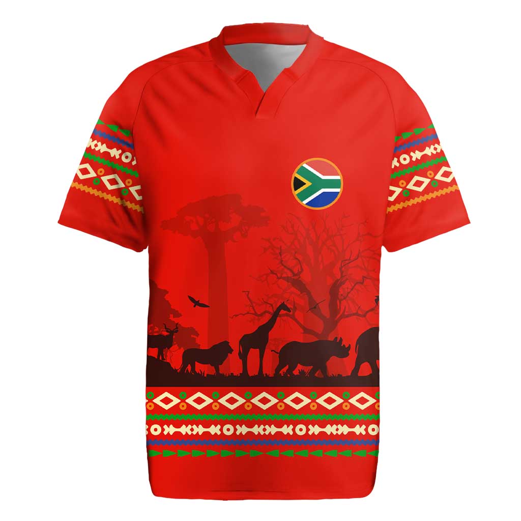 South Africa Wildlife Rugby Jersey Tribal Pattern with National Flag and Safari Silhouettes