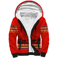 South Africa Wildlife Sherpa Hoodie Tribal Pattern with National Flag and Safari Silhouettes