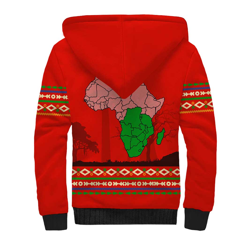 South Africa Wildlife Sherpa Hoodie Tribal Pattern with National Flag and Safari Silhouettes