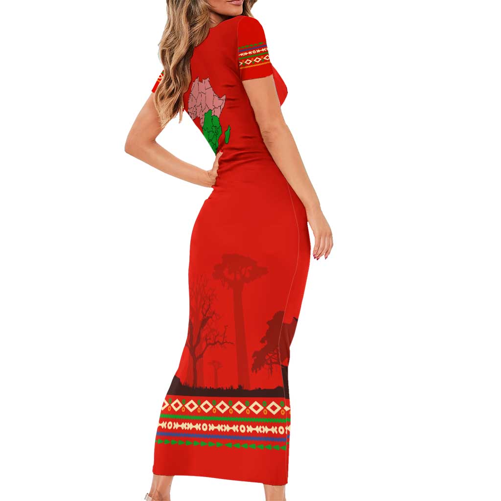 South Africa Wildlife Short Sleeve Bodycon Dress Tribal Pattern with National Flag and Safari Silhouettes