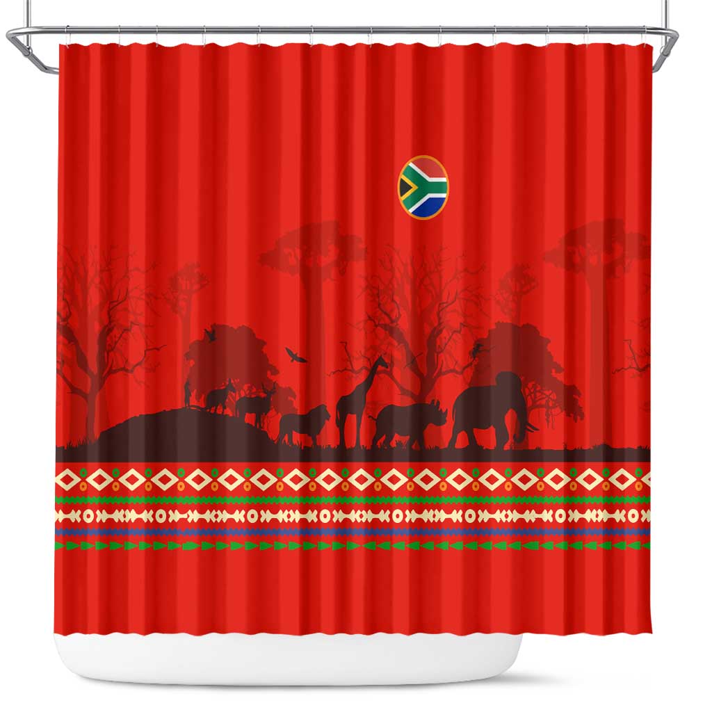 South Africa Wildlife Shower Curtain Tribal Pattern with National Flag and Safari Silhouettes