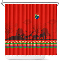 South Africa Wildlife Shower Curtain Tribal Pattern with National Flag and Safari Silhouettes