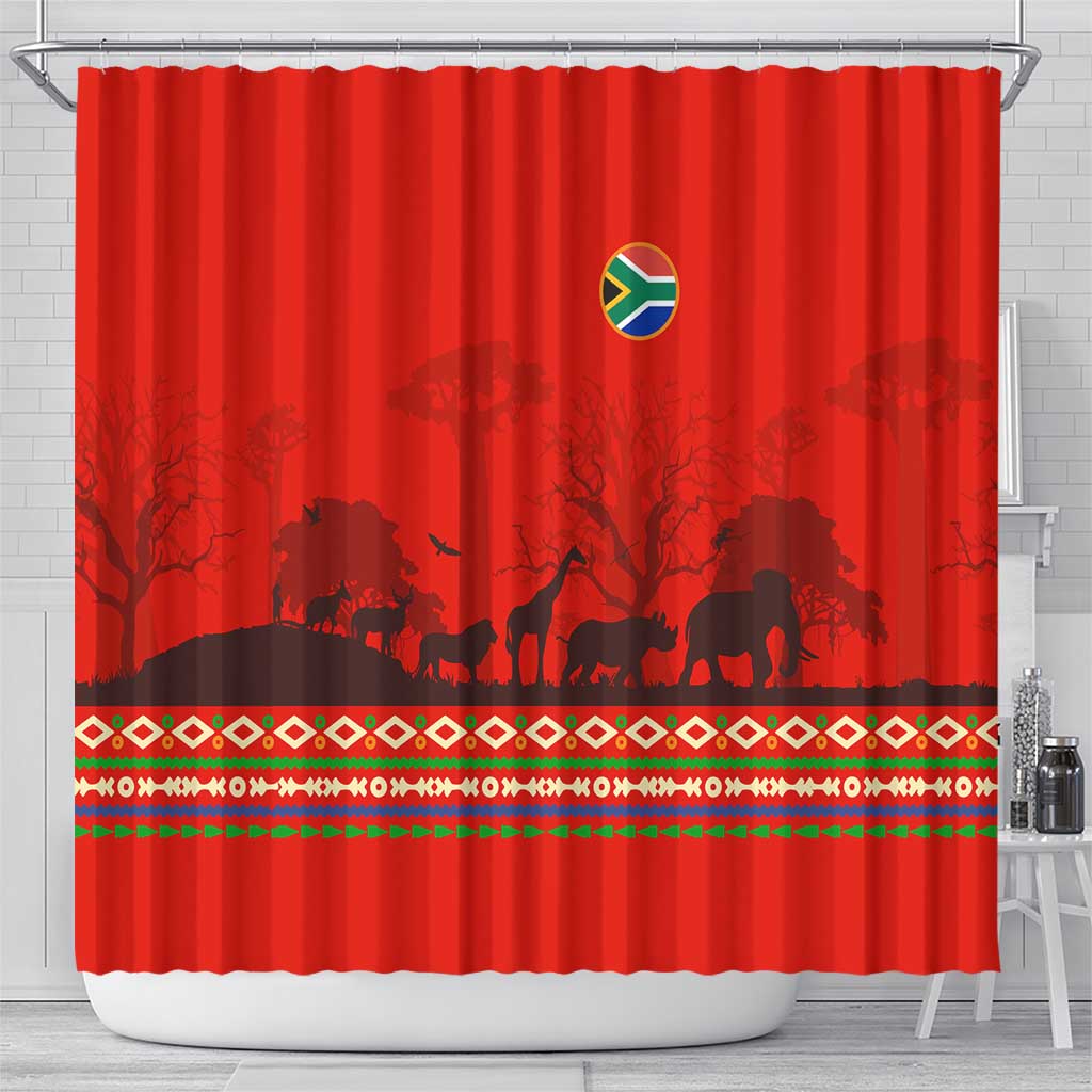 South Africa Wildlife Shower Curtain Tribal Pattern with National Flag and Safari Silhouettes