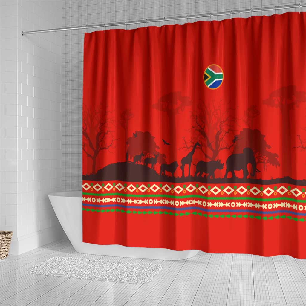 South Africa Wildlife Shower Curtain Tribal Pattern with National Flag and Safari Silhouettes