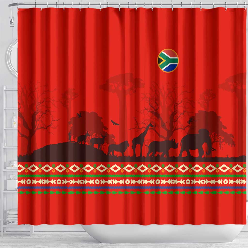 South Africa Wildlife Shower Curtain Tribal Pattern with National Flag and Safari Silhouettes