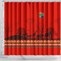 South Africa Wildlife Shower Curtain Tribal Pattern with National Flag and Safari Silhouettes